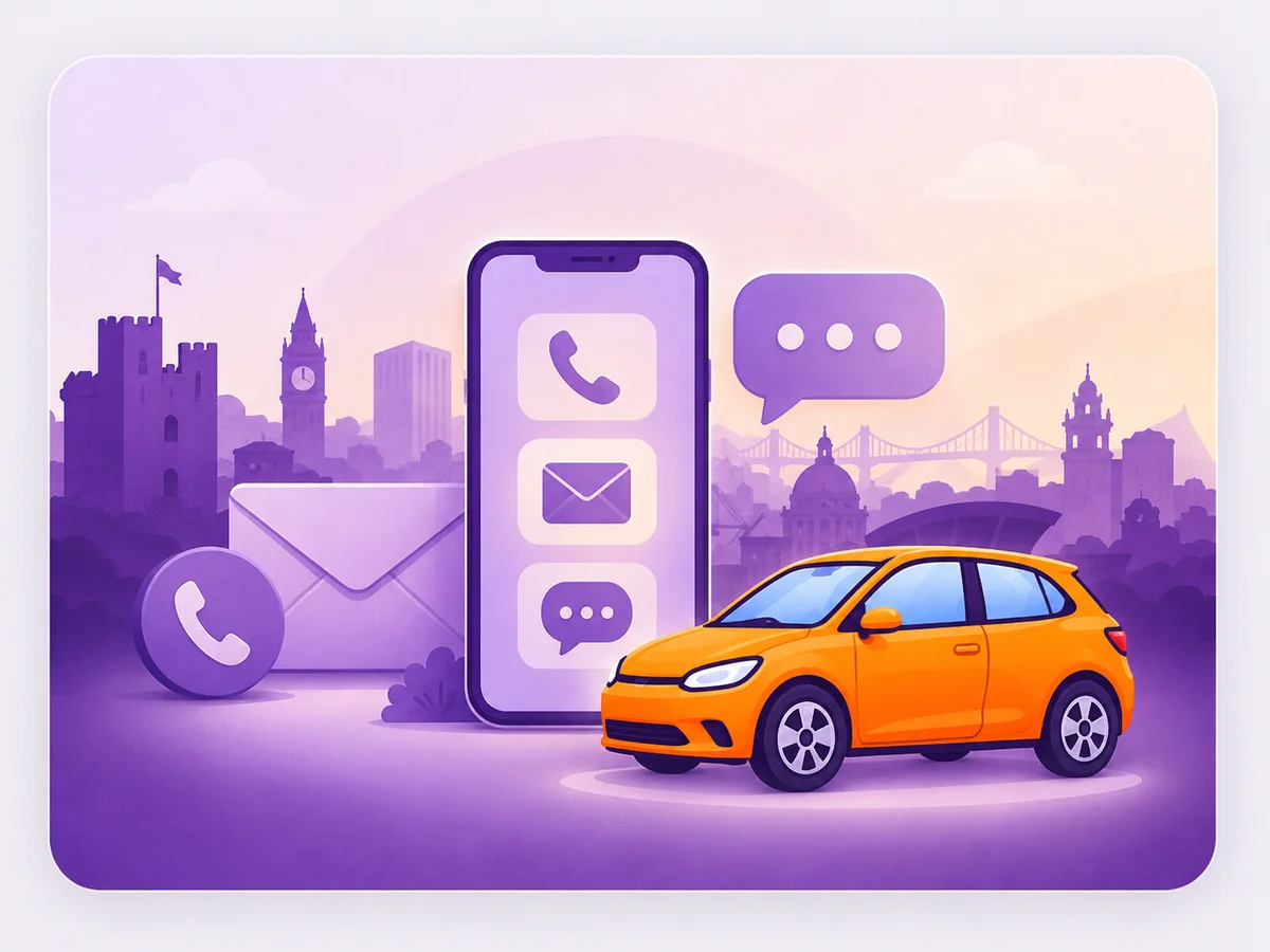 Illustration of phone, email and message contact options with a car