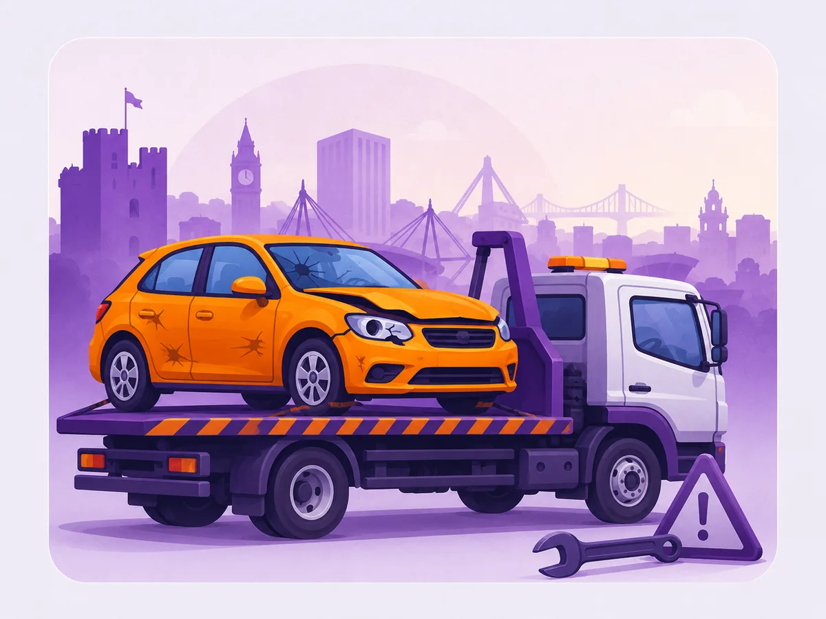 Illustration of a damaged orange car on a recovery truck